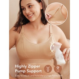 Pumping Bra Hands Free Zip Opening Design Seamless Nursing Bras for Breastfeeding High Support Nursing & Pumping Bra in One Beige M