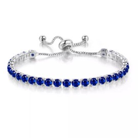 Paris Jewelry 18k White Gold 6 Cttw Created Blue CZ Round Adjustable Tennis Plated Bracelet