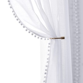 Treatmentex Boho Curtains with Pompoms Curtains Eyelets 140 cm Wide Transparent Curtains with Tassels Curtains Voile Eyelet Curtain Decorative Curtain for Living Room Bedroom 2 Pieces (140 x 245 cm,