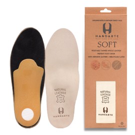 HANDARTE Genuine Leather Orthotic Insoles for Flat Foot Arch Support - Orthopedic Vegetable Tanned - Odor Eater Natural Padded with Latex Foam (Size US 13 / EU 45) Gift: Socks and Keychain