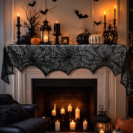 Black Lace Spider Web Mantel Scarf for Halloween – 18 x 98 in Polyester Fireplace & Table Decoration for Spooky Parties