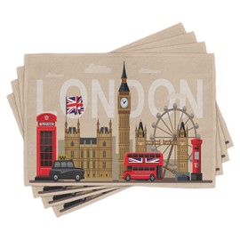 Ambesonne London Place Mats Set of 4, Famous Britain Landmarks Monuments Art Pattern Touristic Travel Destination, Washable Fabric Placemats for Dining Table, Standard Size, Beige
