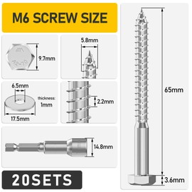 Valorada 20Pcs M6 x 65mm Coach Screws, Hex Head Wood Screws, Heavy Duty Lag Bolts, Concrete Screw, Hex Furniture Bolt, 304 Stainless Steel with Washers and Magnetic Hexagon Socket