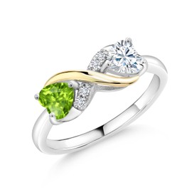 Gem Stone King 925 Silver and 10K Yellow Gold 5MM Heart Shape Green Peridot and 5MM Heart Moissanite Ring For Women | 1.04 Cttw | Available In Size 5, 6, 7, 8, 9