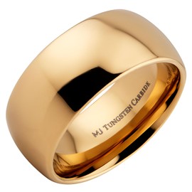 MJ Metals Jewelry Gold Plated 10mm Polished Tungsten Carbide COMFORT FIT Wedding Ring Classic Half Dome Band Size 9.5