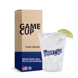Game Cup 16oz Clear Plastic Cups (50 Pack) Made in the USA from Recycled PET Plastic | 100% Recyclable Clear Disposable Plastic Cups for Party, Tailgating, Game Day & More - Navy & Silver