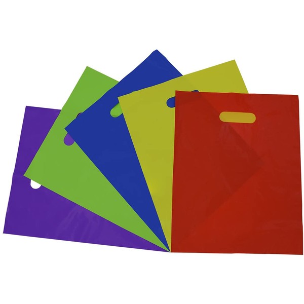 Assorted Color Plastic Merchandise Bags with Die Cut Handles 1.25 Mil, Plastic Shopping Bags, Party Favor Bags, Goodie Bags, Gift Bags Bulk, Light Usage - 50Pk - 12”W x 15”H