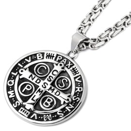 Schmuck-Checker Large Protective Amulet with Benedict Cross 316L Stainless Steel Byzantine Chain Silver with Pendant Men's Biker Jewellery Gift, Stainless Steel