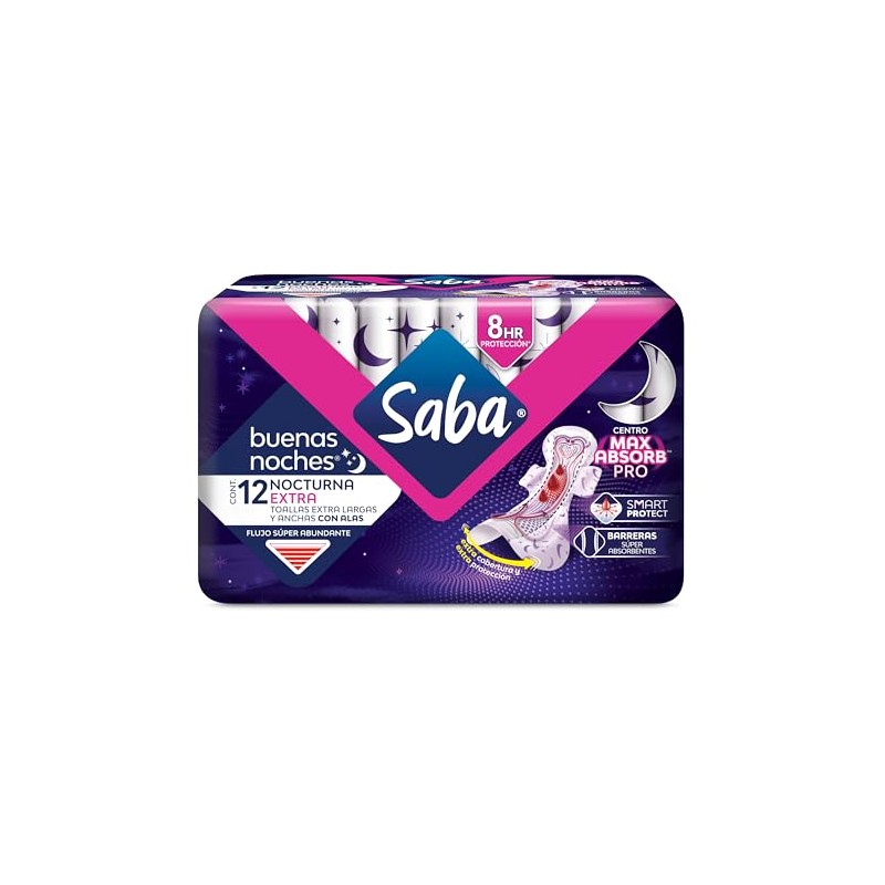 Saba Buenas Noches Extra, toallas nocturnas con alas, 12 piezas