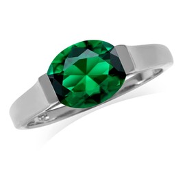 Silvershake 10X8mm Created Oval Shape Nano Green Emerald White Gold Plated 925 Sterling Silver East-West Solitaire Ring May Gemstone Birthstone Size 11