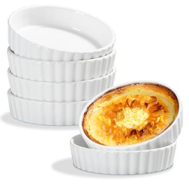ONEMORE Ramekins 8 oz, Creme Brulee Ramekins Oven Safe White Porcelain Shallow Baking Dish for Individual Serving, 5.5 inch Fluted Soufflé Dishes Quiche Dish Mini Tart Pans Sauce Ramekins Set of 6