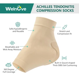 Welnove Achilles Tendonitis Heel Protector Socks Achilles Tendon Support Compression Pads- Gel Padded Sleeve for Protection of Bursitis, Tenderness - Larger Size for Lower Leg 9" to 11" - Beige