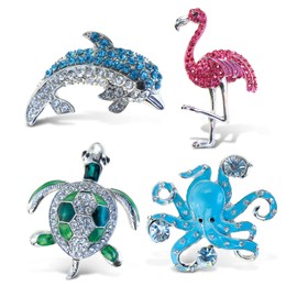 Aqua79 Beach Sparkling Refrigerator Magnet Set – Silver Dolphin, Flamingo, Sea Turtle, Octopus Magnets, Sparkly Animal Rhinestone Magnets for Door Fridge, Home Office Novelty Decor - Set of 4