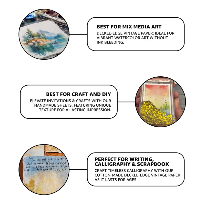 Watercolor Paper, 140lb(300gsm), 7x5 Inches, 25 Sheets, Handmade Deckle Edge