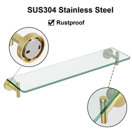 KOCOK Glass Shelves for Bathroom,20-Inch Brushed Gold Floating Bathroom Shelf Stainless Steel Tempered Glass Shelf Modern Shelves Wall Mounted