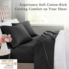 Beautyrest Sheet Set Cotton Rich 600TC, Moisture Wicking Cooling Sheets All Season Cotton Sheet Set, Lightweight & Breathable, Deep Pocket Fits Up to 18" Mattress, Queen Black 4 Piece