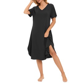 Hotolove Women's Sleepwear Casual Nightshirts Long Nightgown Full Slip Sleep Nightshirt Sleepwear Lounge Dress (Small, a-Black)