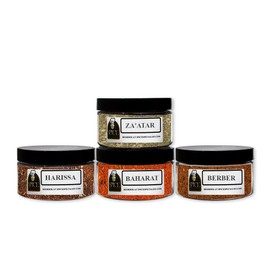 Mediterranean Assortment Set - Includes: 4 Assorted Plastic Jars - Set Contains: (1 each of Bahrat 3.2 oz, Berber 4.5 oz, Harissa 3.5 oz, and Za'atar 3.0 oz).