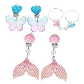 Kisangel 3 Pairs Cute Mermaid Clip Earrings for No Pierced Design Ear Clip Jewelry Set Blue Purple Butterfly Pink Fish Comfortable Ear Decoration