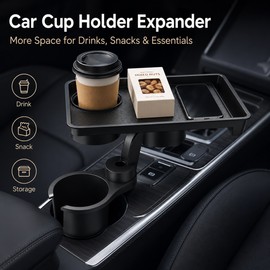 Car Cup Holder Expander with Food Tray – 360° Adjustable Drink & Snack Holder for Road Trips and Daily Driving