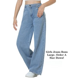 EXARUS Girls Wide Leg Jeans Denim Pants Baggy High Waisted Teen Casual Straight Loose Fit with Pockets Kids Dark Blue 14Y