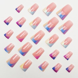 24Pcs Colorful French Press on Nails Short Duck Fake Nails Gradient Nails Press ons with Colorful Ombre Designs Glossy False Nails Full Cover Acrylic Nails Nude Glue on Nails for Women