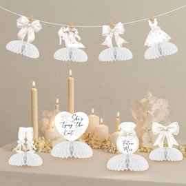 Fangleland 8Pcs White Bow Bachelorette Honeycomb Centerpieces, She's Tying The Knot Bridal Shower Decorations Coquette Theme Table Toppers for Engagement Decor Supplies