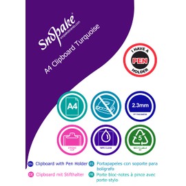 Snopake A4 Turquoise Clipboard with Pen Holder, Heavy Duty Ergonomic Metal Clip and Hanging Hole [Pack of 1] 15887