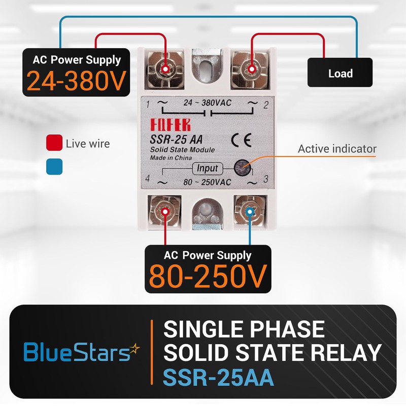 BlueStars SSR-25AA Solid State Relay AC 80–250V Input, AC 24–380V