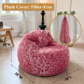 XeGe Faux Fur Leopard Print Bean Bag Chair Cover (No Filler), Pink Cheetah Print Fluffy Stuffed Animal Storage Bean Bag Home Decor, Furry Fuzzy Beanbag Cover for Adults Kids Girls, Anti-slip, Pink