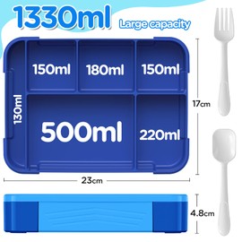 WayEee Bento Lunch Box 1330ml Lunch Box Kids Leak-Proof Lunch Box with Compartments for School, Work(Blue)