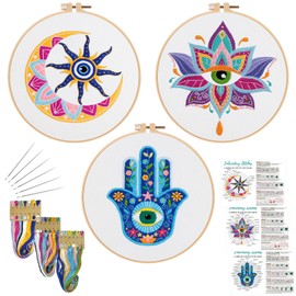 Louise Maelys 3 Set Tarot Evil eye Embroidery Kits for Beginners,Adults Starter Cross Stitch Kit DIY Needlepoint Kits with hamsa hand sun moon louts flower pattern