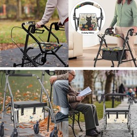 Maiyoinou 3 Pcs Black Cat Rollator Seat Cushion Back Bar Cover Set and Walker Storage Bag with Big Capacity & Never Tipping Over for Seniors in Assisted Living, Beige