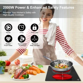 GRACEALL 12 Inch Electric Ceramic Cooktop, 2 Burner Radiant Stove 2000W, Built-In or Countertop Hot Plate with 9 Power Levels, Timer & Plug-In Design