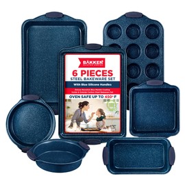 BAKKEN Kitchen Baking Pan Set - Nonstick Coating, Carbon Steel Bakeware Sets with Blue Silicone Handles, Baking Kitchen Essentials, PFOA, PFOS, PTFE Free, Oven Safe Tray (Up To 450° F), Set of 6