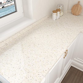 WESTICK Glossy Beige Granite Contact Paper Peel and Stick Granite Wallpaper for Countertops Waterproof Easy to Clean Marble Vinyl Wrap for Kitchen Tables Bathroom Cabinets 17.7 x 200 Inches
