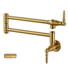 Pot Filler Faucet Brushed Gold: Solid Brass Wall Mount Heavy Duty Stove Pot Filler with Double Joint Swing Arms - Single Hole Commercial Folding Stretchable Faucet 2 Handles for Kitchen Restaurant