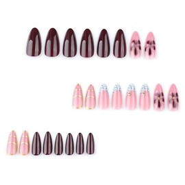 Uñas Postizas Almendradas Medianas, Uñas Nude, Uñas Postizas Con Ondas Geométricas Marrones, Uñas Acrílicas Para Mujer (24 Unidades, Marrón-12, M-12)