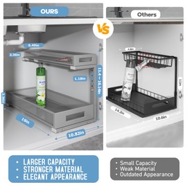 2 Pack 19IN Depth Under Sink Storage Organizer, Large 2-Tier Elegant Mesh Pull Out Shelf for Kitchen and Bathroom Cabinet Organization, L-Shaped and Adjustable Height Design-Gun Gray