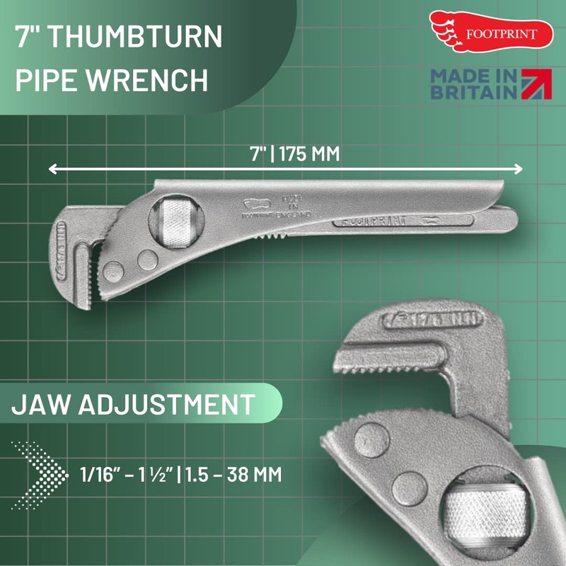 Footprint Adjustable Pipe Wrench - 7 Inch Heavy Duty Strong