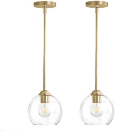 NanFeng 2 Pack Brushed Gold Pendant Lights for Kitchen Island - Cylinder Clear Globe Glass Hanging Light Fixtures, Modern Brass Kitchen Lighting Over Sink, Ideal for Dining Room Breakfast,E26 Base