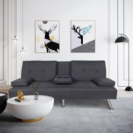 FONTOI Futon Sofa Bed, Folding Sofa Bed with Adjustable Backrest, Small Couch with Cup Holders, Folding Futon Sleeper Couch for Living Room, Bedroom, Deep Gray