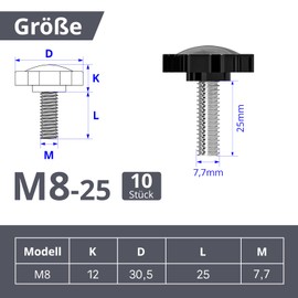 ORTAVA Pack of 10 Star Grip Screws, Screws with Handle M8 x 25 mm, Knurled Screw, Star Head Screw, Star Grip Nut, Clamping Knob for Machine Tools, Machine (Black)