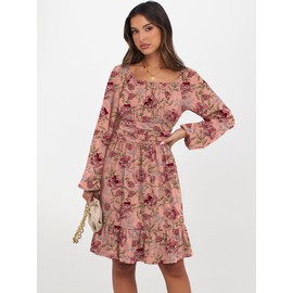 ANRABESS Womens Dress Long Lantern Sleeve Square Neck Elastic Waist Ruffle Flowy Swing A-Line Short Dresses 2025 Fall Fashion Print Rose Pink Small