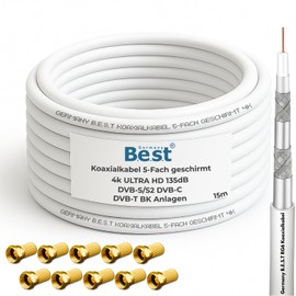 Germany B.e.s.t Coaxial Cable 15 m SAT Cable | 4K Ultra HD | Class A+ | DVB-S/S2 DVB-C DVB-T BK Systems | 5x Shielded | 135dB | Antenna Cable | Coaxial Cable | 10x F-Connector