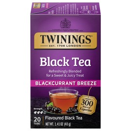 Twinings Blackcurrant Breeze Black Tea Individually Wrapped Bags, 20 Count (Pack of 1), Sweet, Tangy Taste, Caffeinated, Enjoy Hot or Iced, 20 Teabags