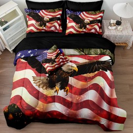 MOVE OVER American Flag Comforter Set 8 Pieces Bed in a Bag Queen Size Eagle Comforter Set Wildlife Animal Bird Down Comforter Set Vintage American Flag and Eagle Decorative Bedding Set