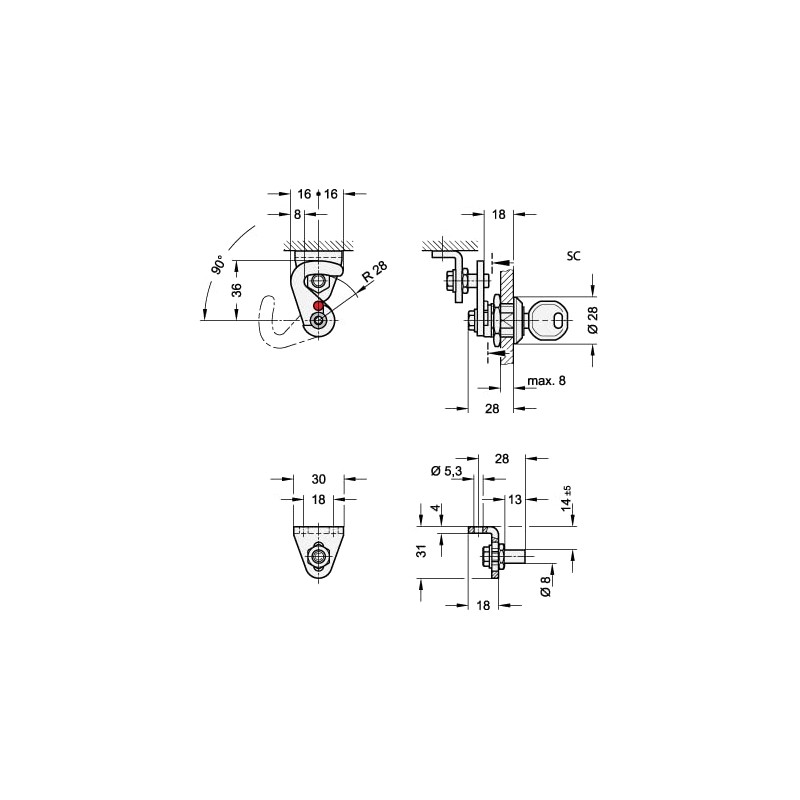 Ganter Normelemente GN 115.8-SC-18-H1-SW-2 Lockable Hook Lock SC: Actuation with