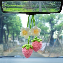 Crochet Strawberry, Cute Car Mirror Hanging Accessories, Handmade Rearview Mirror Accessories for Women and Girls, Pink Car Accessories 2-Pack