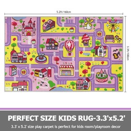Capslpad Kid Rug for Playroom Purple Play Rug Traffic Road Car Play Mat 6.6x5.0 ft Educational Learning Area Rug Washable Kids Carpet for Children Girls Bedroom,Playroom,Nursery Room Decor
